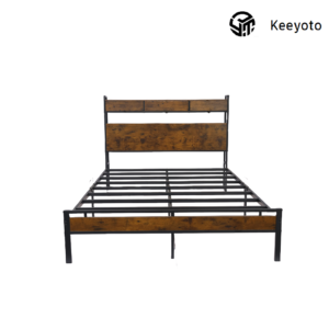 Oversized simple steel-wood metal bed frame, heavy-duty large size steel bed base with solid wood slats, stable durable metal bed support for big bedroom OEM wholesale